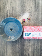 Load image into Gallery viewer, Soft Sea Blue Soap Dish & Rose Geranium Handmade Soap Gift