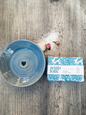 Soft Sea Blue Ceramic Soap Dish & Juniper Berry Handmade Soap Gift