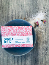 Load image into Gallery viewer, Soft Sea Blue Soap Dish &amp; Rose Geranium Handmade Soap Gift