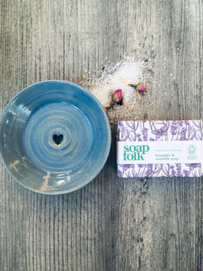 Soft Sea Blue Ceramic Soap Dish & Lavender and  Oatmilk Handmade Soap Gift