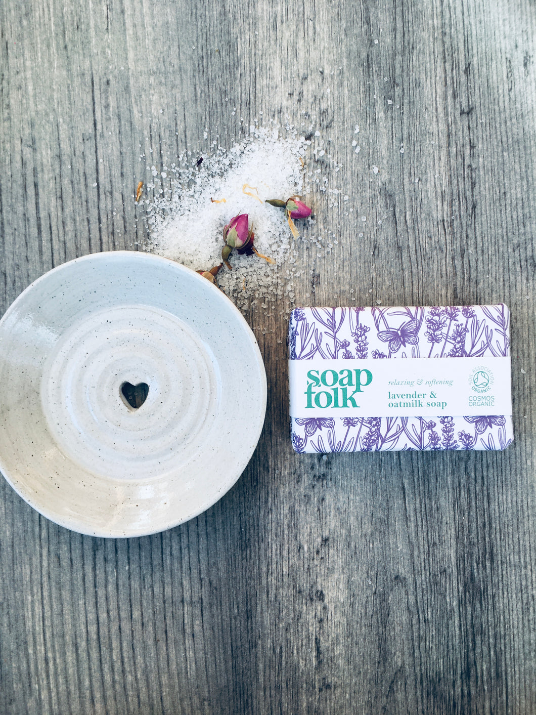 Ivory Ceramic Soap Dish & Lavender and  Oatmilk Handmade Soap Gift