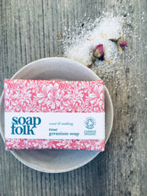 Load image into Gallery viewer, Ivory Ceramic Soap Dish &amp; Rose Geranium Handmade Soap Gift