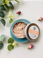 Load image into Gallery viewer, Eco friendly, made in the uk, cruelty free, natural skincare gift. Dead sea salt with coconut oil, Himalayan pink sea salt and Rose Geranium essential oil